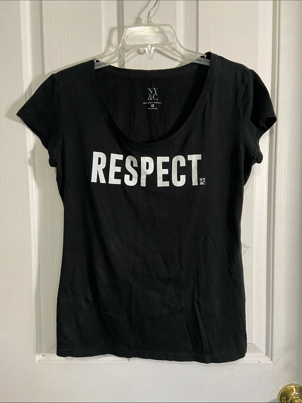 New York & Company Black Scoop Neck Tee with White RESPECT Graphic